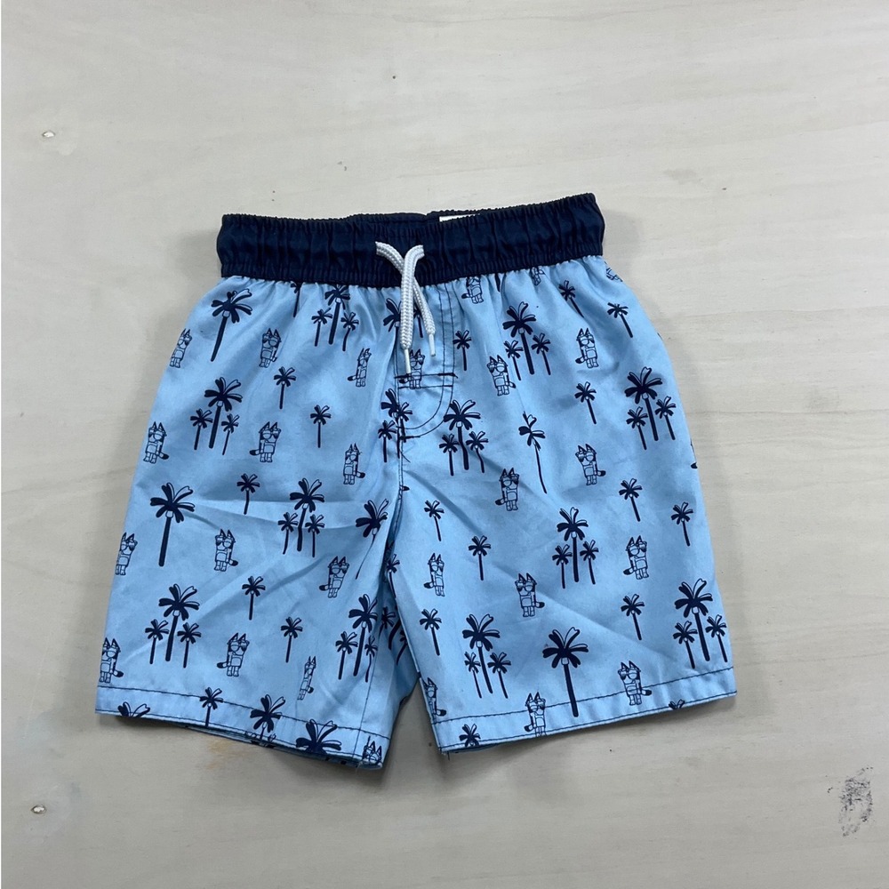 Bluey Boys Swim Trunks Light Blue Palm Tree Print Mesh Lined Shorts 5T